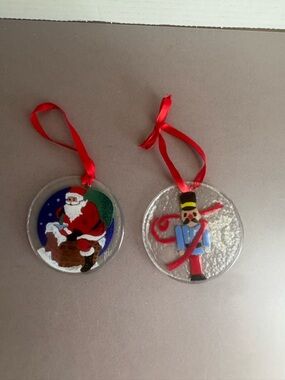 Peggy Karr Santa and Nutcracker Glass Ornament Pair
